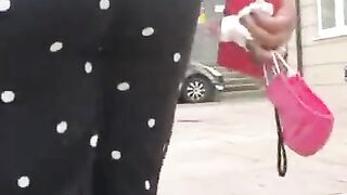 Round Booty Latina Teasing Walk on Public Street in Tight Pants Visible Panty Line - Candid