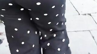 Round Booty Latina Teasing Walk on Public Street in Tight Pants Visible Panty Line - Candid