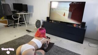 Step Sister tries to Play Video Games while Brother Plays with her Ass