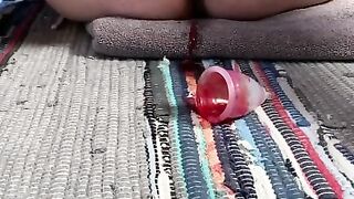 Naughty Horny PAWG Masturbates with a Vibrator and Pushes out her Period Cup while Squirting