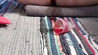 Naughty Horny PAWG Masturbates with a Vibrator and Pushes out her Period Cup while Squirting