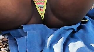 Beach Voyeur Ebony Caught Adjusting Bikini Thong Reveling Pussy Slip and Cameltoe - Candid