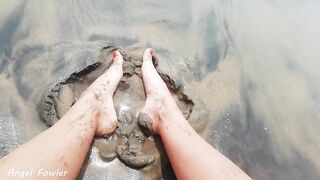 SEA VIEW MY STEP SISTER MASTURBATING ON THE BEACH WITH RED NAIL POLISH RUBBING SAND FOOT FETISH