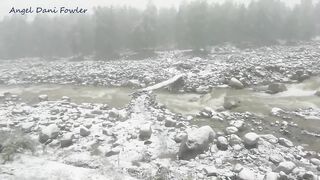 Angel Fowler Walks with Umbrella in Snow next to River