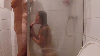 Asian Sucking Meaty White Cock in Shower