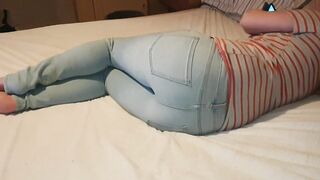 ⭐ Adorable Girl Wets her Jeans on her Bed while Playing on her Phone :3