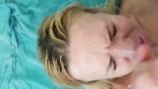 Sexy Blonde Gets Covered in Cum during Facial from Multi Orgasmic Cock