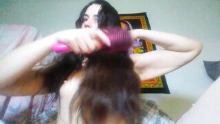 Foreign Object Insertion! Hairy Pink Pussy Camgirl Brushes Long Hair with Brush THEN PUTS IN VAGINA