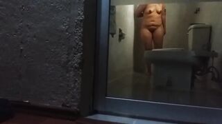 Spying on her while she takes a bath after fucking her