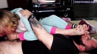 Tattooed Babe In Onesie Sucks Cock & gives Foot Smothering Handjob - FOOTPUNKZ