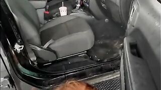 A hot redhead sucks my dick at a public car wash on a rainy day with people around