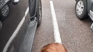 A hot redhead sucks my dick at a public car wash on a rainy day with people around