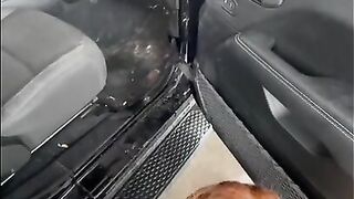 A hot redhead sucks my dick at a public car wash on a rainy day with people around