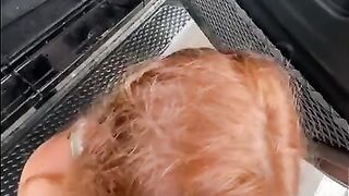 A hot redhead sucks my dick at a public car wash on a rainy day with people around