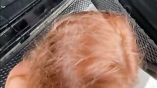 A hot redhead sucks my dick at a public car wash on a rainy day with people around