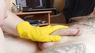 fat girl jerks off my cock in gloves and with oil #2