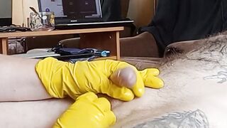 fat girl jerks off my cock in gloves and with oil #2