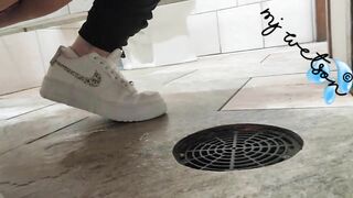 Quick Naughty Piss by Curvy MILF on Public Restroom Floor