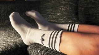 Sexy soles feet fetish girl in white knee socks