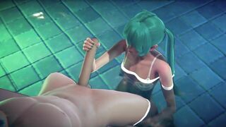 Miku jerking off big cock, cum in the pool and on the face