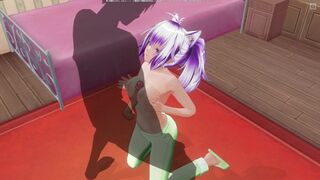 3D HENTAI Girlfriend in green pajamas rubs boob cock