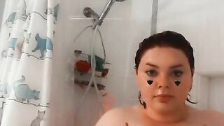 Rubbing huge tits in the shower