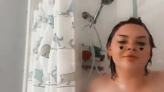 Rubbing huge tits in the shower