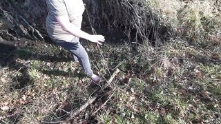 Barefeet Titslapping in the woods