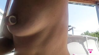 nippleringlover outside in bikini fingering huge pierced nipples & flashing pierced pussy & sexy ass