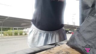 nippleringlover flashing pierced pussy with big labia rings outdoors at public parking lot