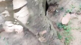 Girl pissed near a big old tree with one leg up