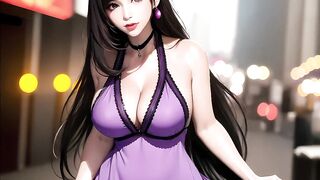 tifa posing and showing her big gits in her purple "refined dress"