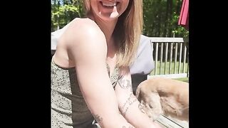 Cheating petite blonde cum loving slut sucks cock on the deck at a BBQ