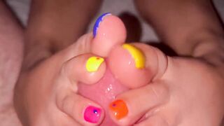 Sexy cute neon toes teasing a wet cock