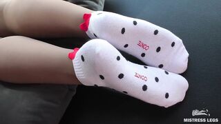 Goddess feet in ankle polka dots socks over sheer pantyhose