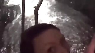 Caught hairy milf by surprise pissing during blowjob public fucking