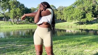 Naughty Black Girl Stretching and Flashing in a Public Park