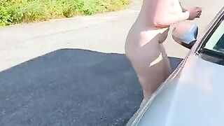 Driving naked and playing with dildo by the side of the road