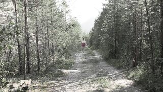 BBW MILF shakes her big saggy tits in the old park.